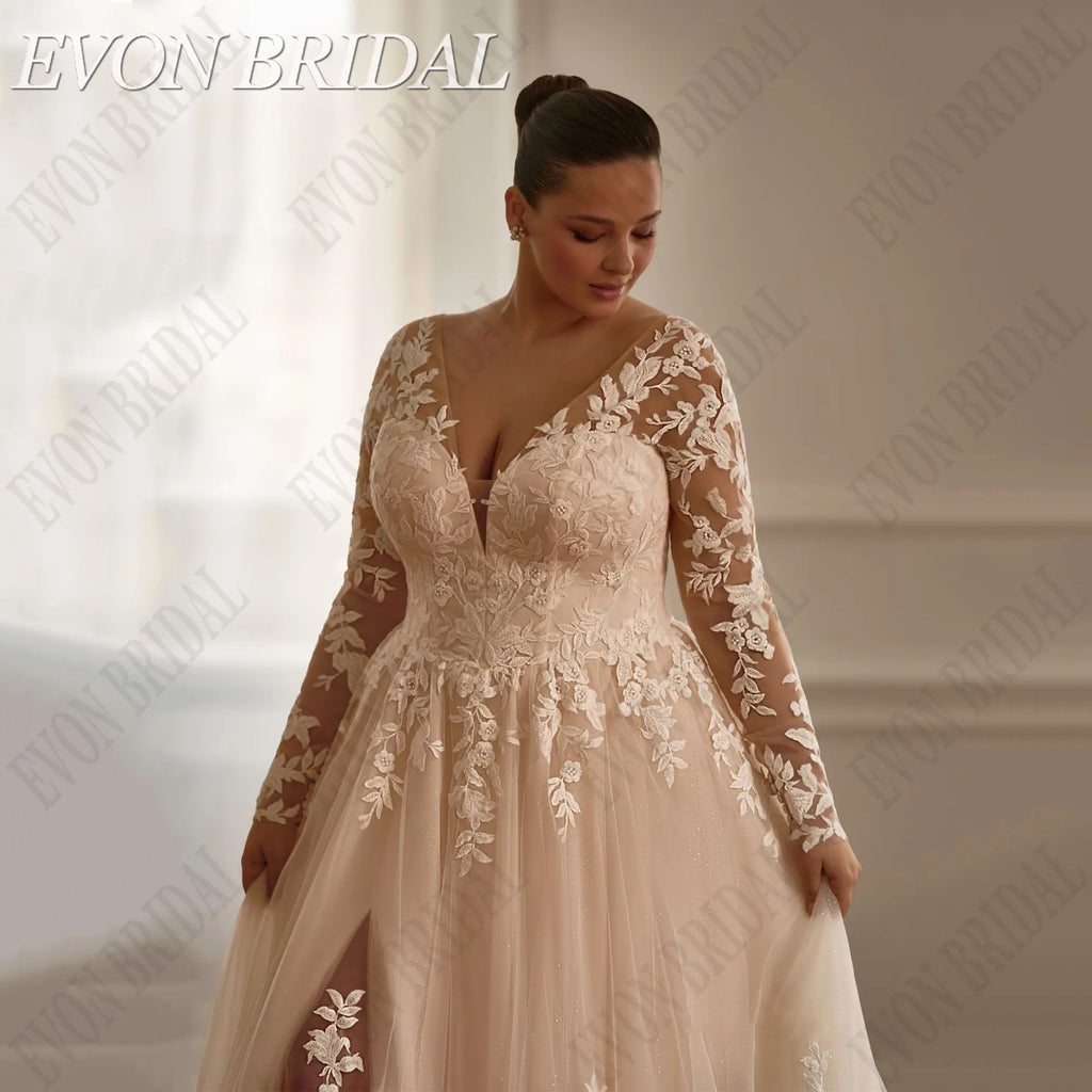 Graceful Plus Size Wedding Dress - Organza Embroidery A-Line Ball Gown with Applique - JStorehub 