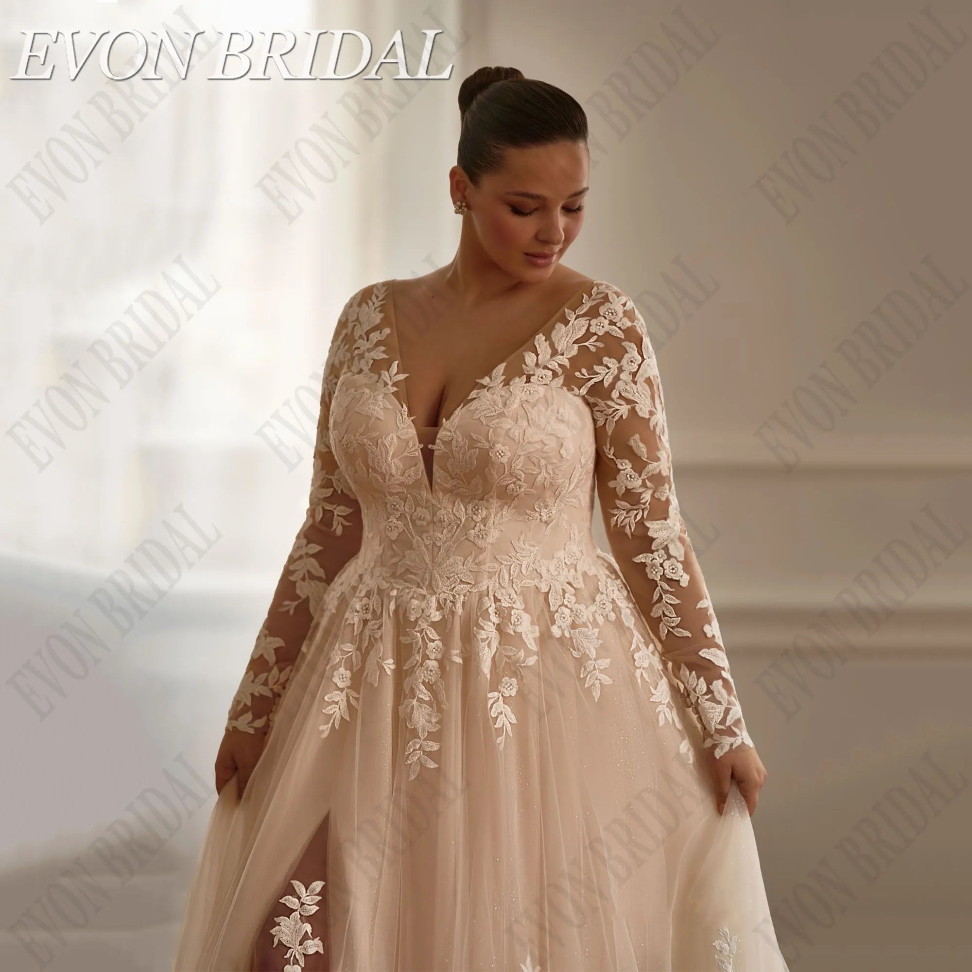 Graceful Plus Size Wedding Dress - Organza Embroidery A-Line Ball Gown with Applique - JStorehub 