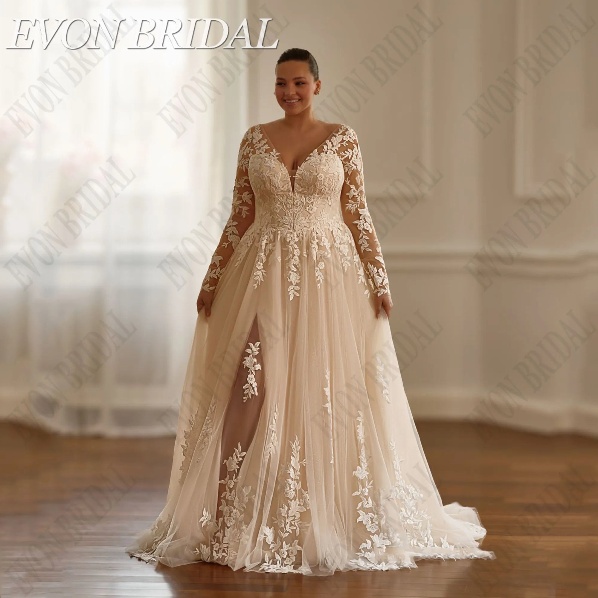 Graceful Plus Size Wedding Dress - Organza Embroidery A-Line Ball Gown with Applique - JStorehub 