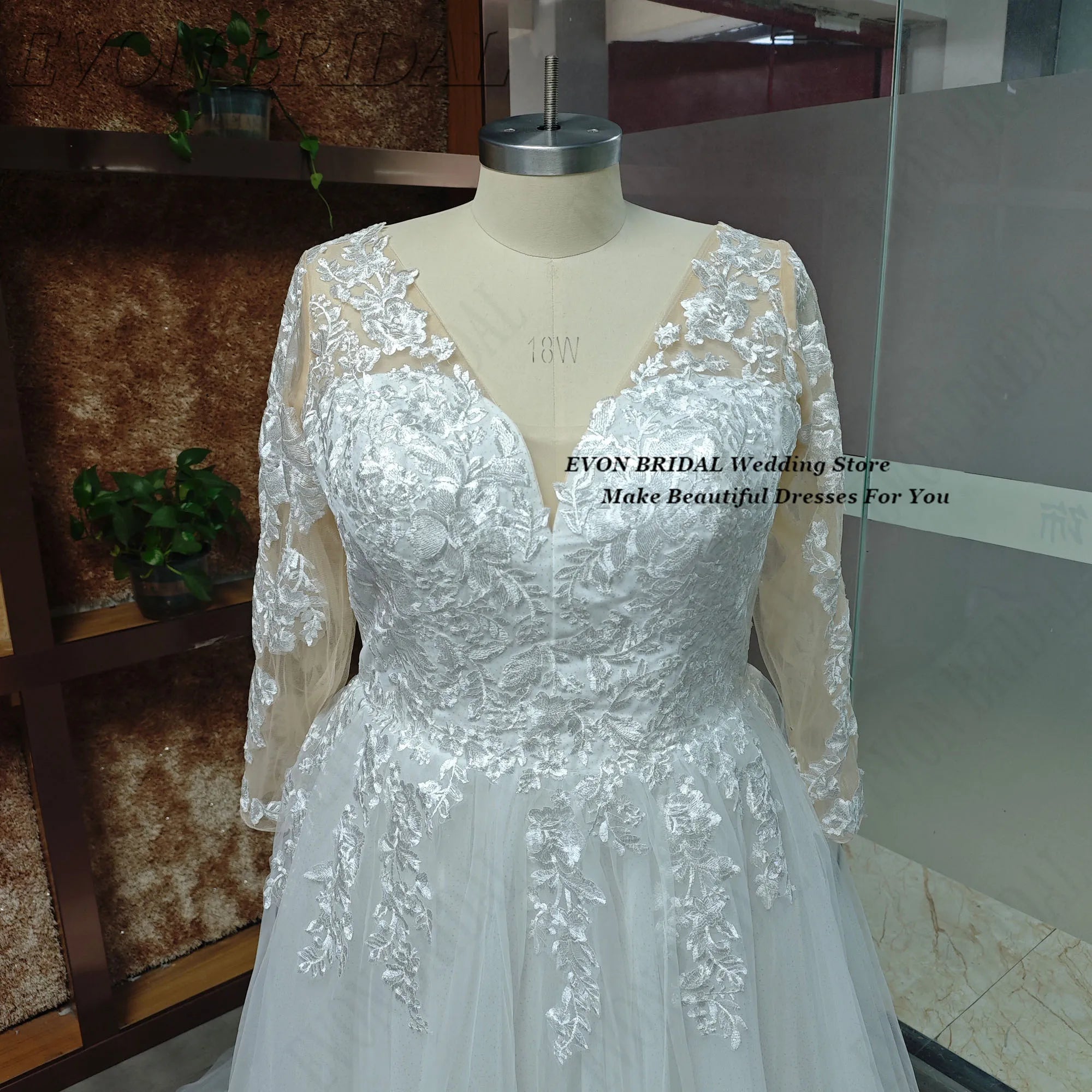 Graceful Plus Size Wedding Dress - Organza Embroidery A-Line Ball Gown with Applique - JStorehub 