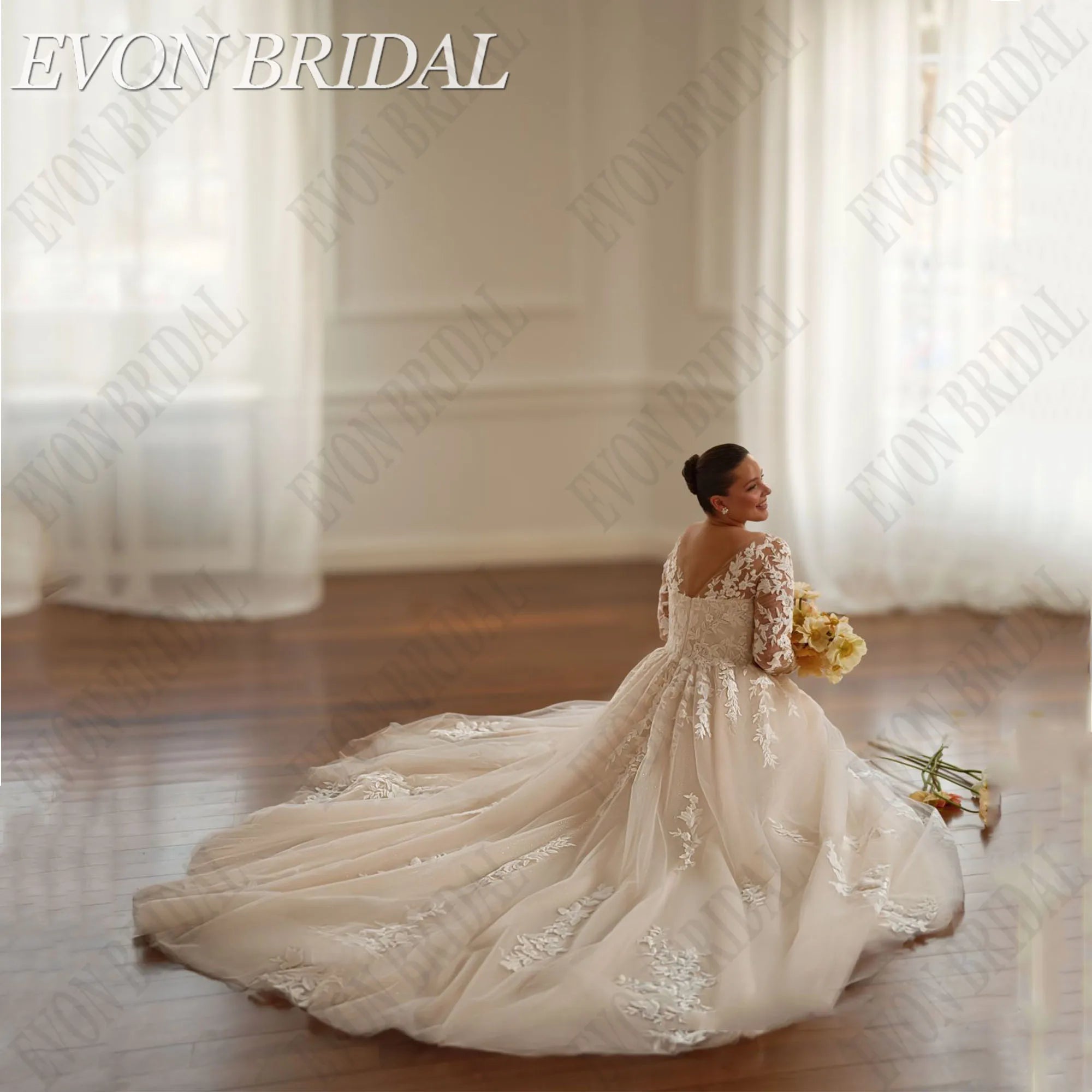 Graceful Plus Size Wedding Dress - Organza Embroidery A-Line Ball Gown with Applique - JStorehub 
