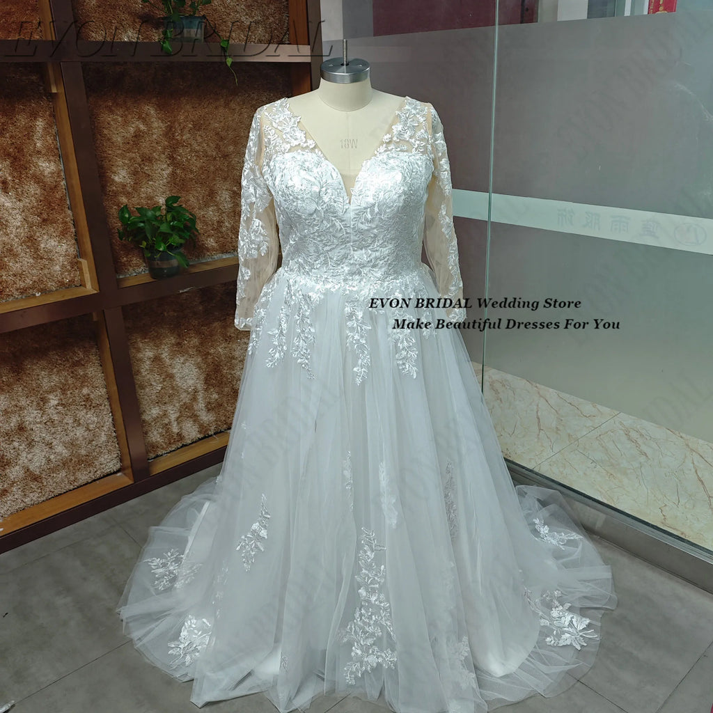 Graceful Plus Size Wedding Dress - Organza Embroidery A-Line Ball Gown with Applique - JStorehub 