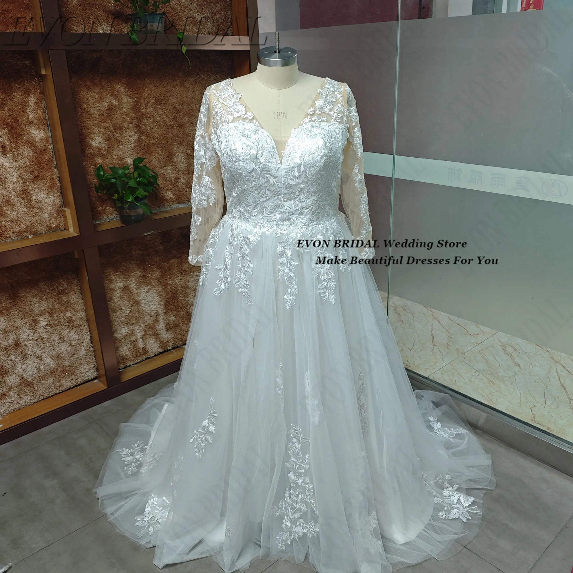 Graceful Plus Size Wedding Dress - Organza Embroidery A-Line Ball Gown with Applique - JStorehub 