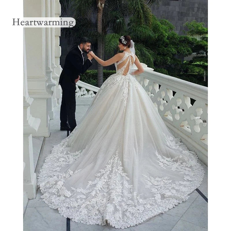 Luxury Lace Muslim Bride Wedding Dress - Ball Gown Sleeveless Plus Size - JStorehub 