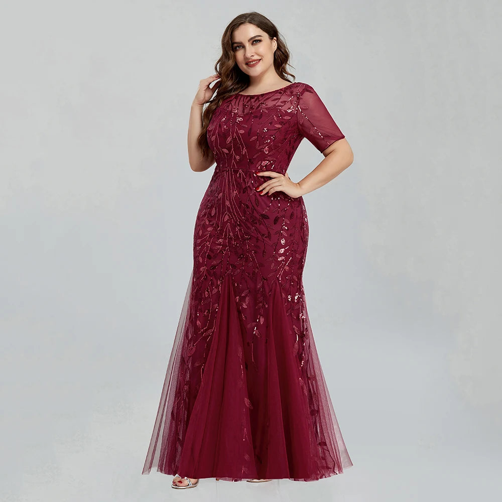 Plus Size Sequin Mesh Embroidery Mermaid Evening Dress - Short Sleeve - JStorehub 