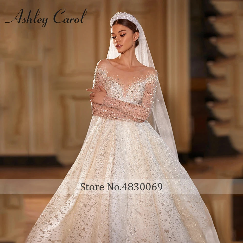 Luxury Long Sleeve Princess Wedding Dress - Sparkling Beaded Bridal Gown - JStorehub 