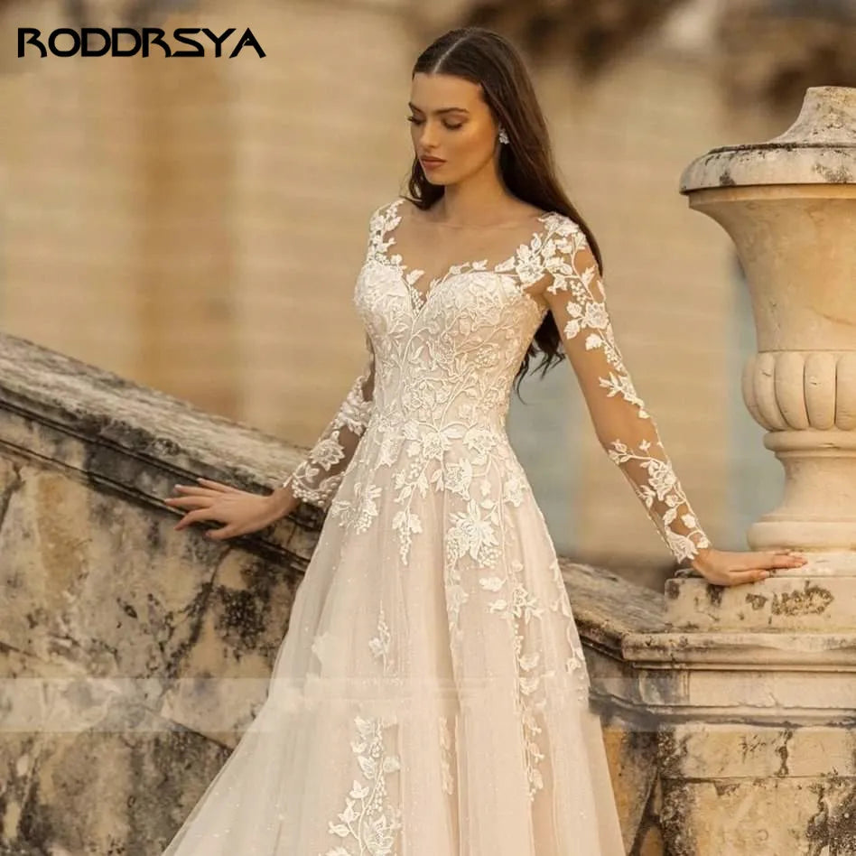 Elegant O-Neck Wedding Dress - Lace-Up A-Line Applique Tulle Long Sleeve Gown - JStorehub 