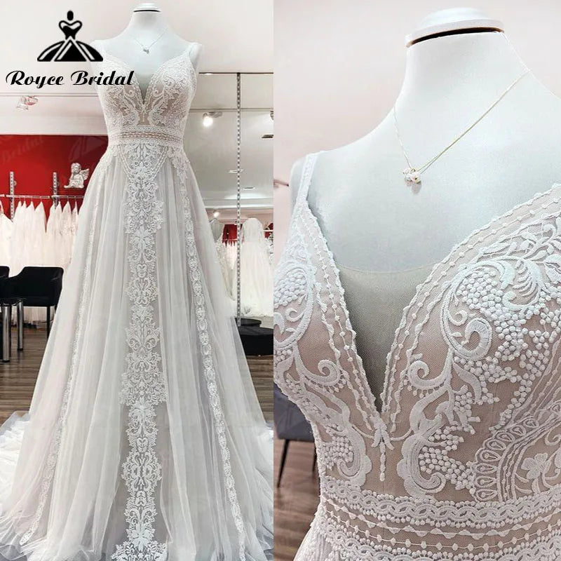 Blush Pink Boho A-Line Wedding Dress | Spaghetti Straps Lace Gown | Jstorehub - JStorehub 