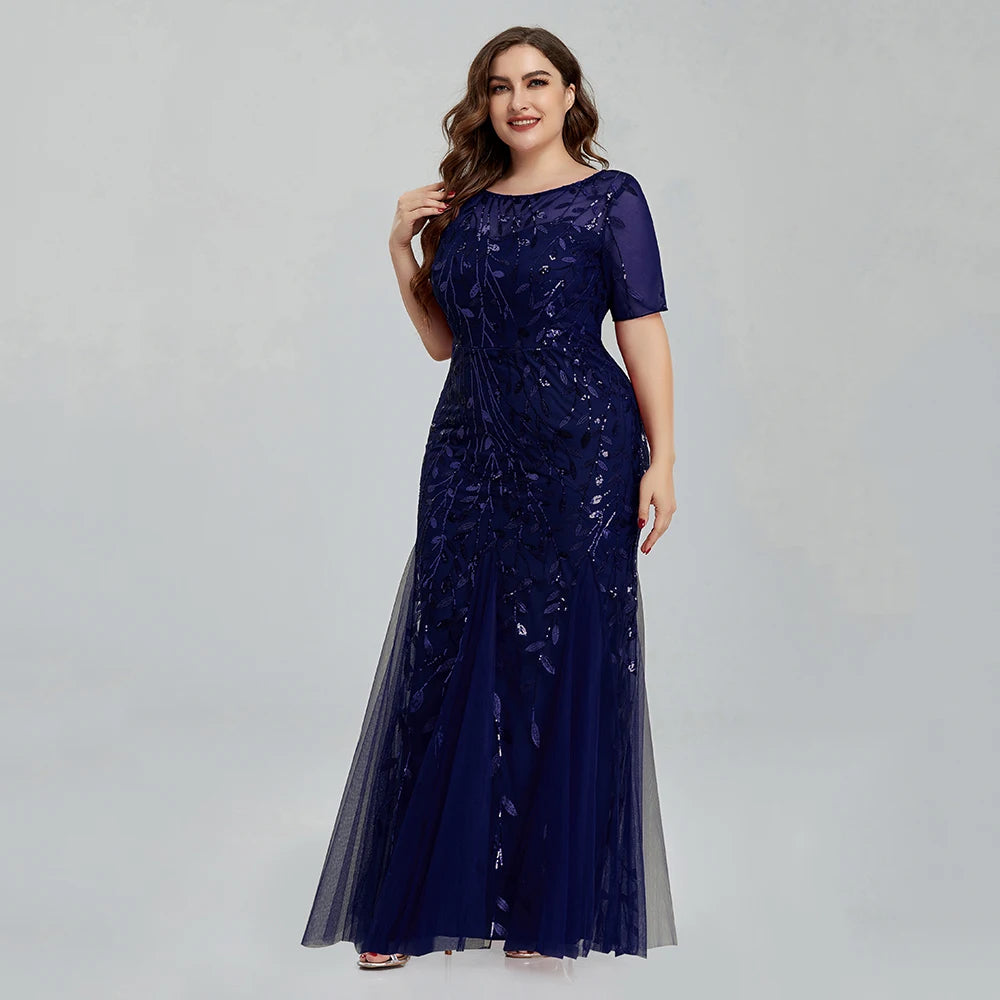 Plus Size Sequin Mesh Embroidery Mermaid Evening Dress - Short Sleeve - JStorehub 