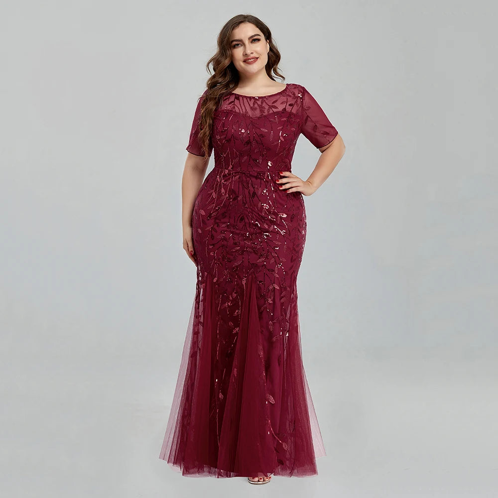 Plus Size Sequin Mesh Embroidery Mermaid Evening Dress - Short Sleeve - JStorehub 