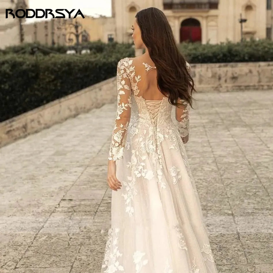Elegant O-Neck Wedding Dress - Lace-Up A-Line Applique Tulle Long Sleeve Gown - JStorehub 