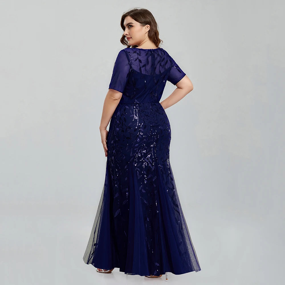 Plus Size Sequin Mesh Embroidery Mermaid Evening Dress - Short Sleeve - JStorehub 