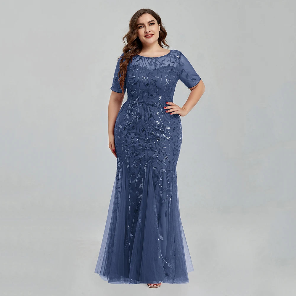 Plus Size Sequin Mesh Embroidery Mermaid Evening Dress - Short Sleeve - JStorehub 