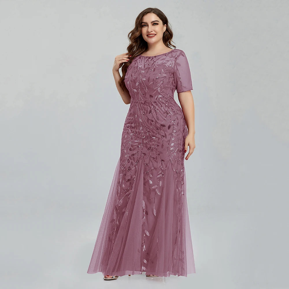 Plus Size Sequin Mesh Embroidery Mermaid Evening Dress - Short Sleeve - JStorehub 