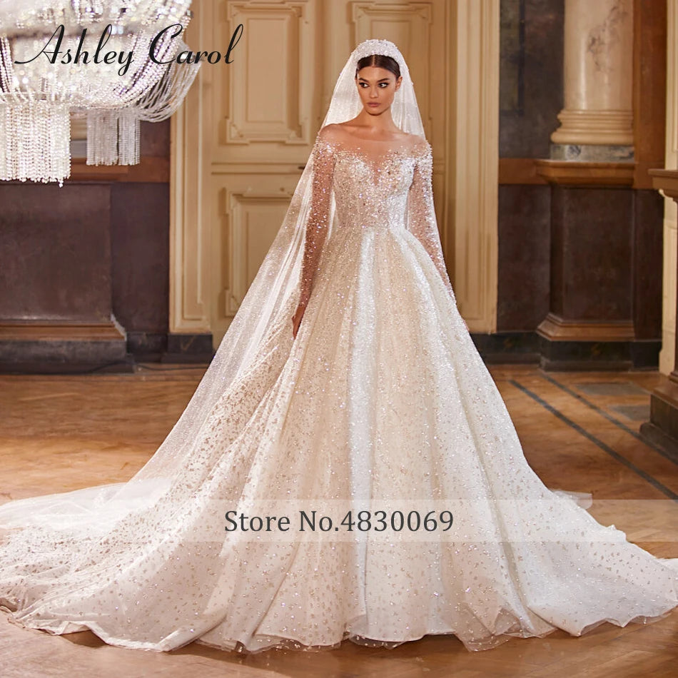 Luxury Long Sleeve Princess Wedding Dress - Sparkling Beaded Bridal Gown - JStorehub 