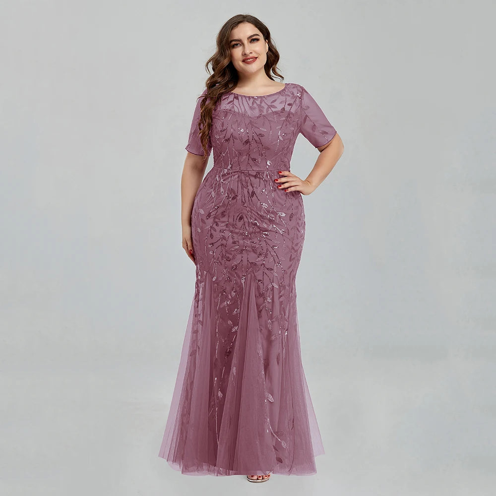Plus Size Sequin Mesh Embroidery Mermaid Evening Dress - Short Sleeve - JStorehub 