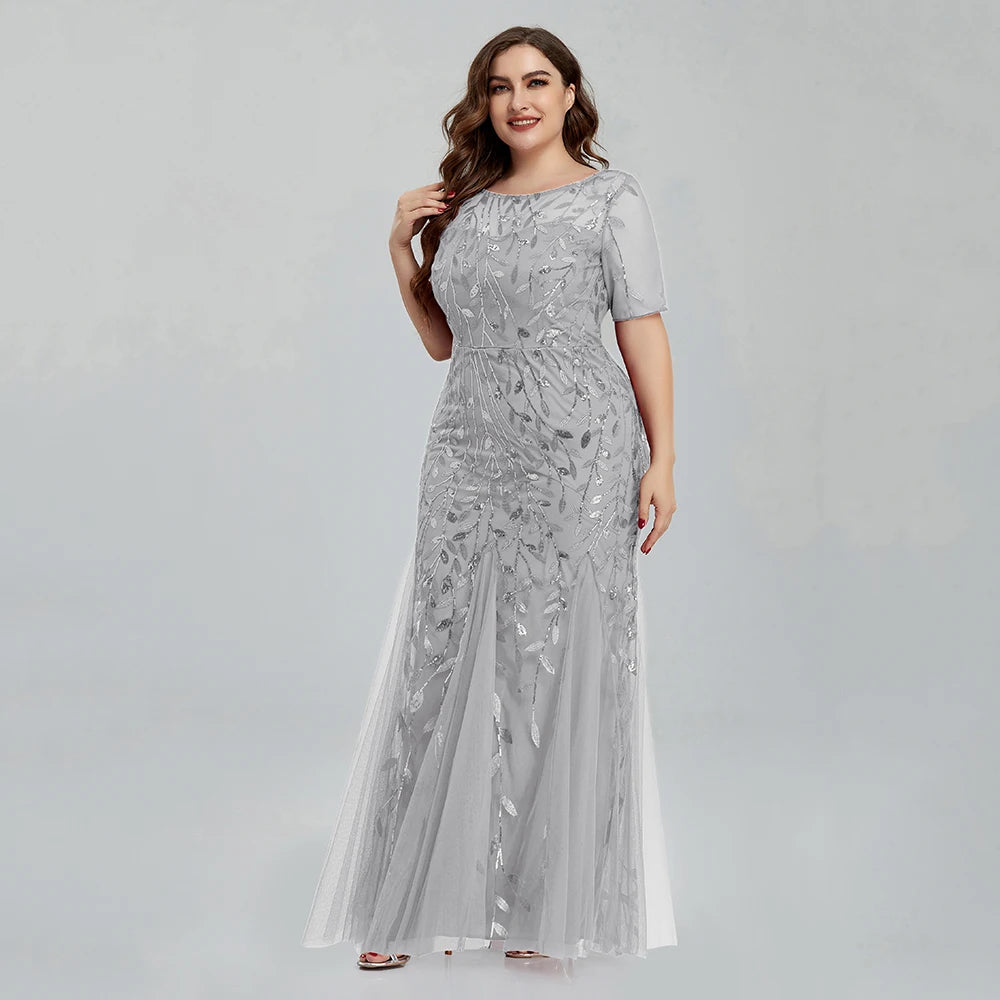Plus Size Sequin Mesh Embroidery Mermaid Evening Dress - Short Sleeve - JStorehub 