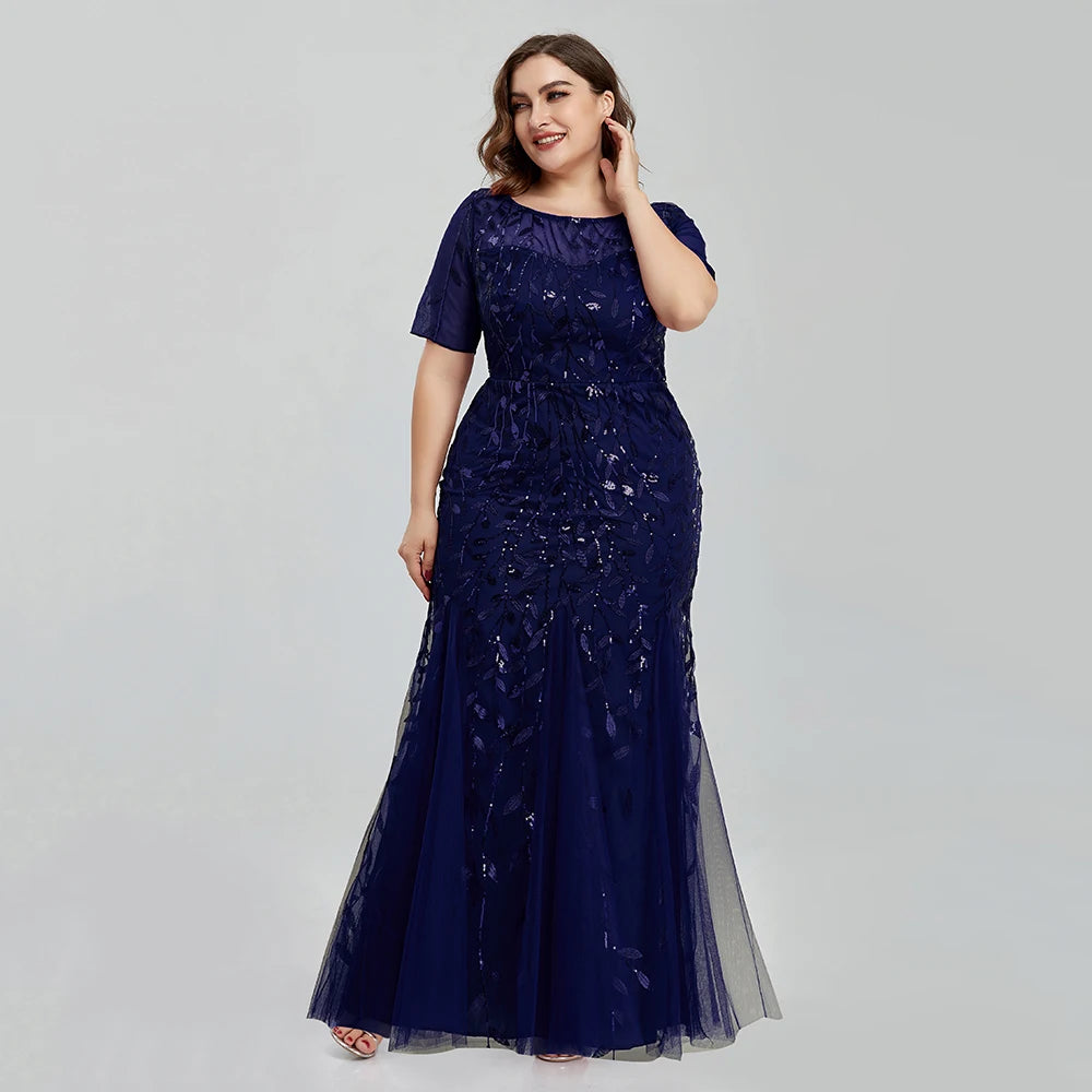 Plus Size Sequin Mesh Embroidery Mermaid Evening Dress - Short Sleeve - JStorehub 