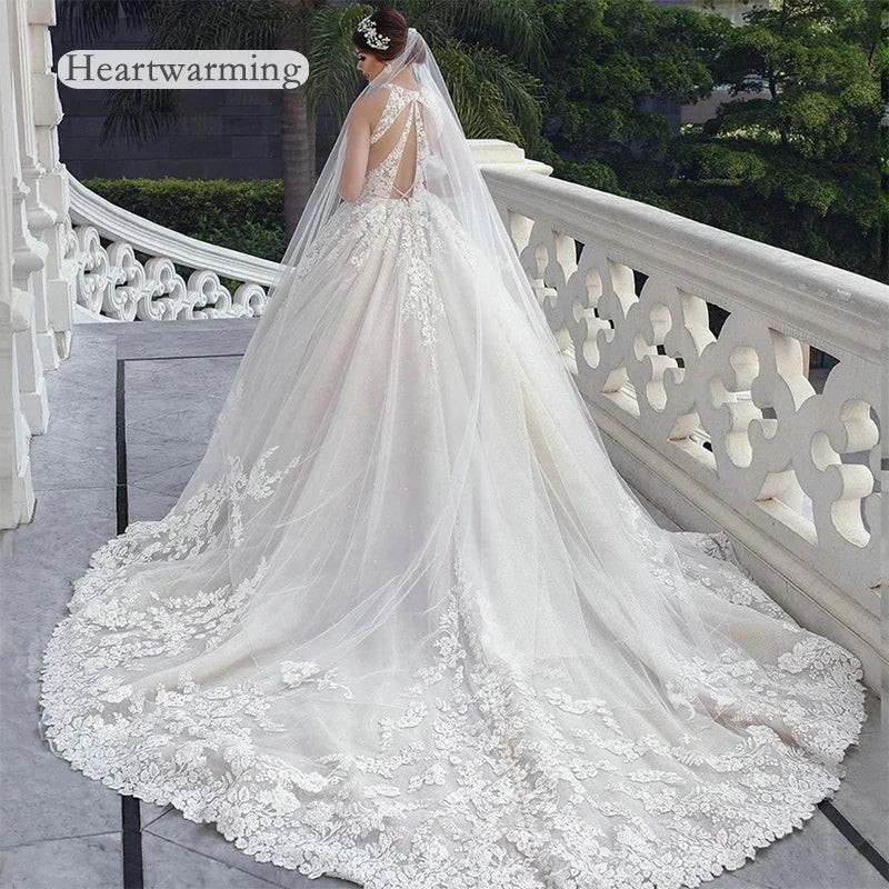 Luxury Lace Muslim Bride Wedding Dress - Ball Gown Sleeveless Plus Size - JStorehub 