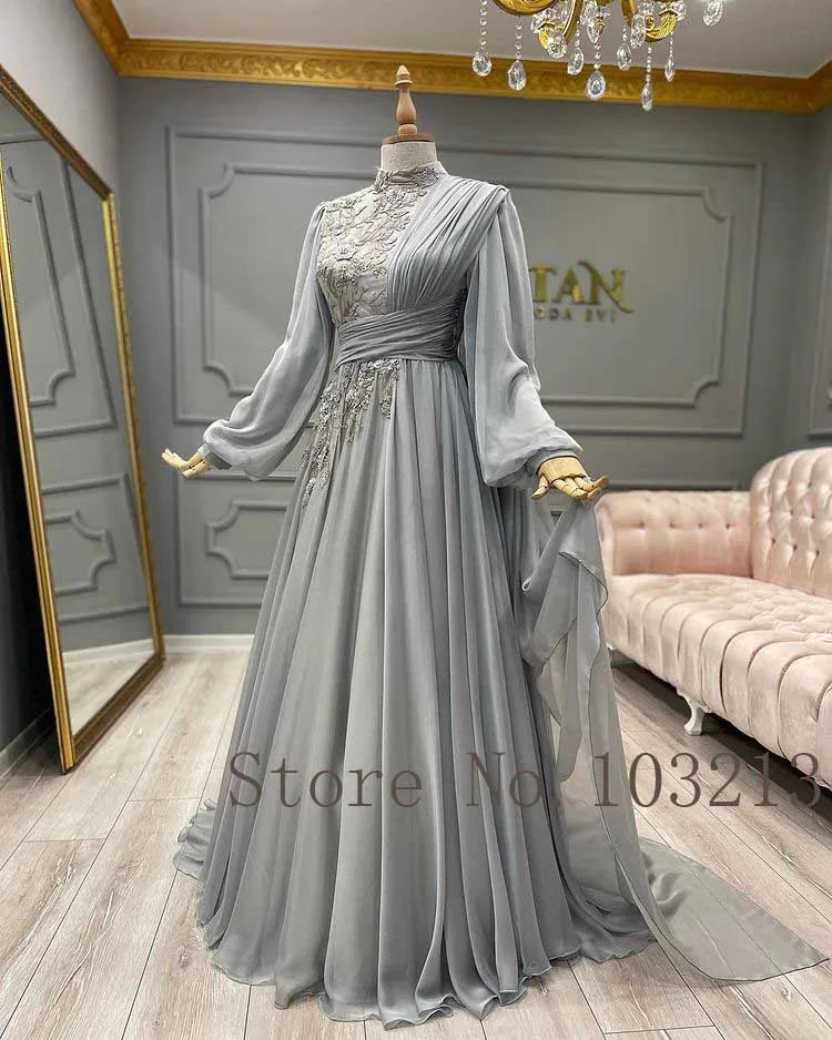 Arabic Muslim Long Sleeve Lace Chiffon Evening Gown - Saudi Formal Dress - JStorehub 