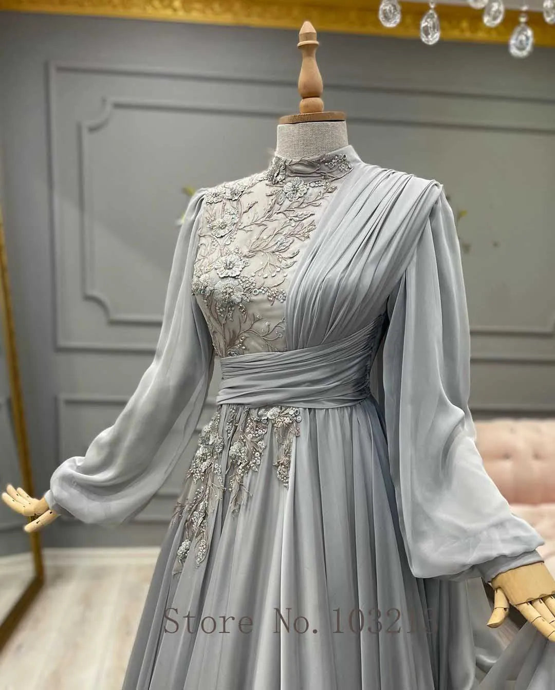 Arabic Muslim Long Sleeve Lace Chiffon Evening Gown - Saudi Formal Dress - JStorehub 