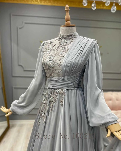 Arabic Muslim Long Sleeve Lace Chiffon Evening Gown - Saudi Formal Dress - JStorehub 