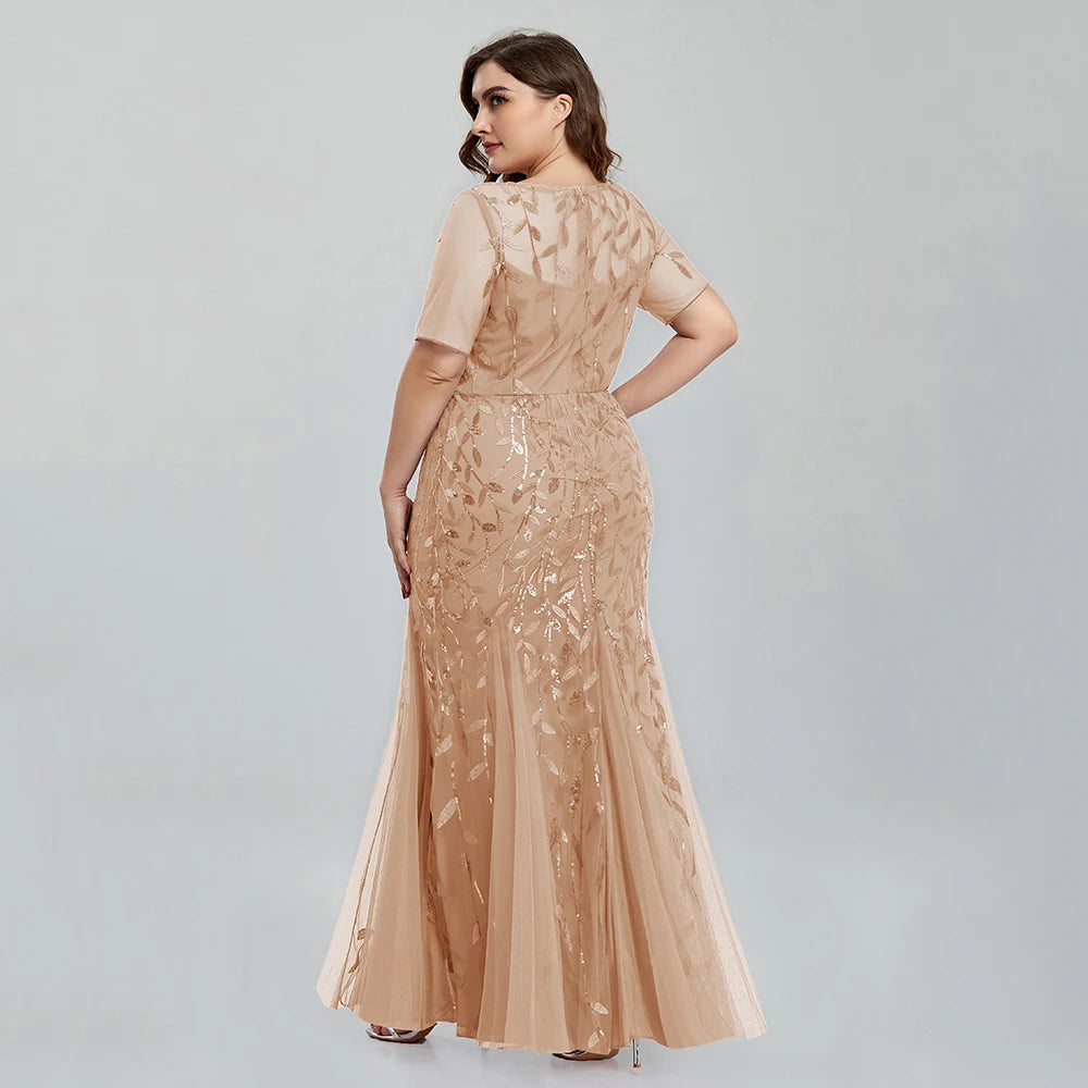 Plus Size Sequin Mesh Embroidery Mermaid Evening Dress - Short Sleeve - JStorehub 
