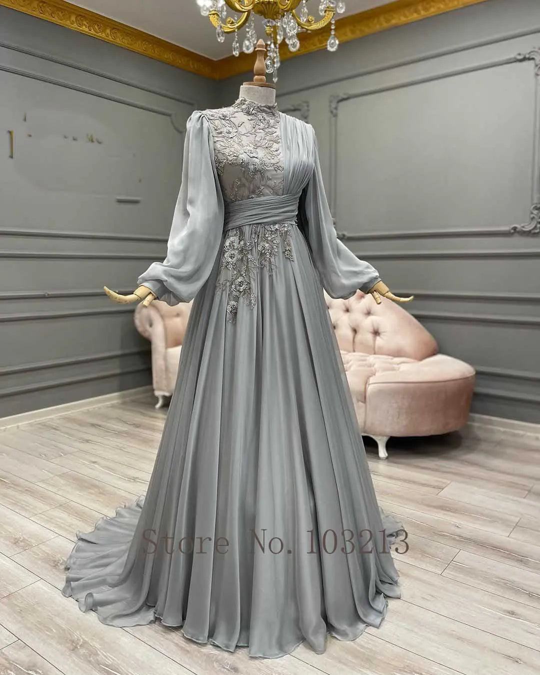 Arabic Muslim Long Sleeve Lace Chiffon Evening Gown - Saudi Formal Dress - JStorehub 