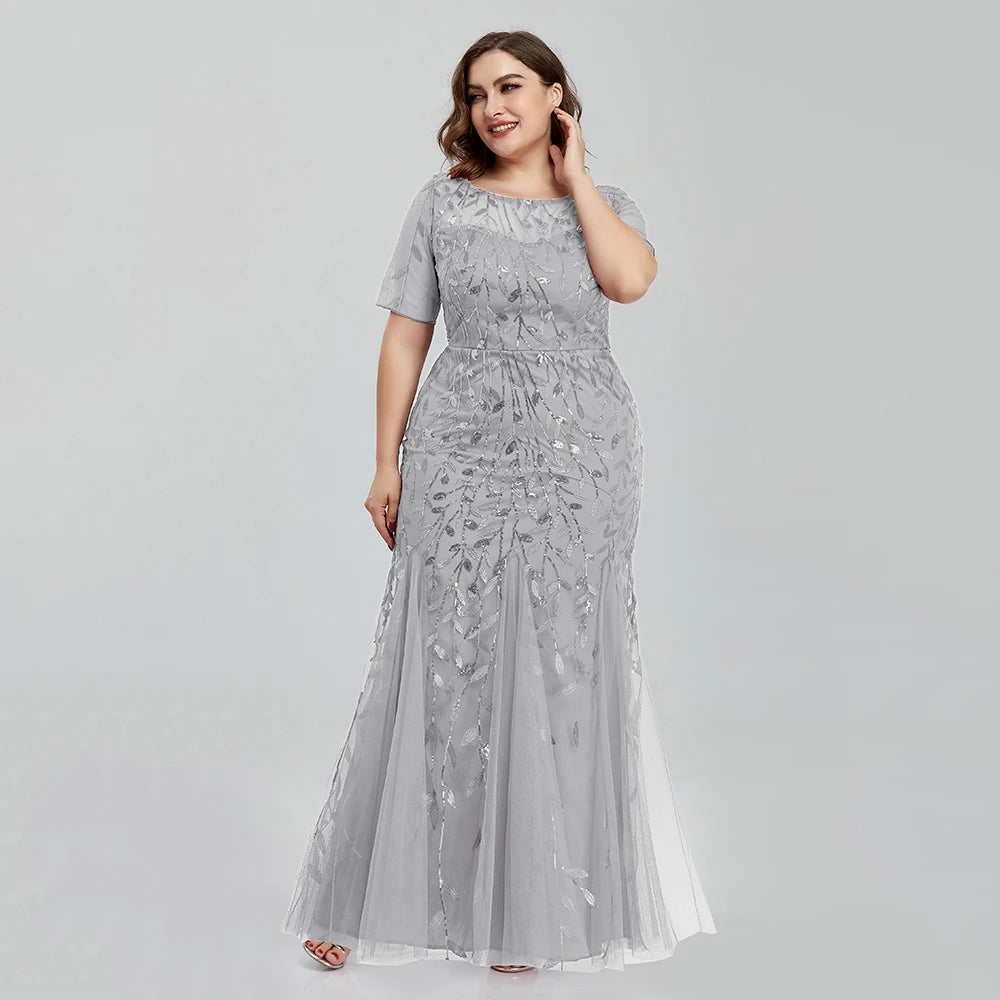 Plus Size Sequin Mesh Embroidery Mermaid Evening Dress - Short Sleeve - JStorehub 