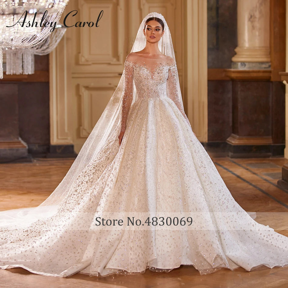 Luxury Long Sleeve Princess Wedding Dress - Sparkling Beaded Bridal Gown - JStorehub 