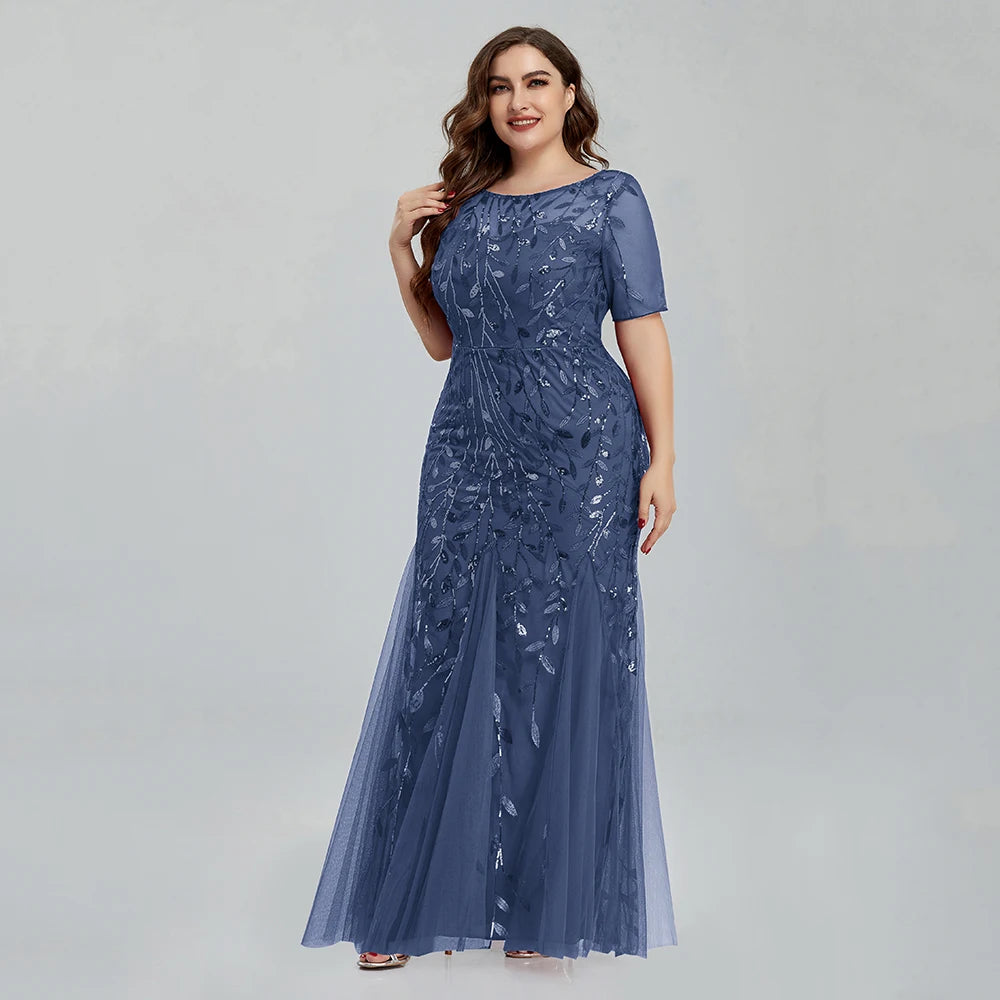 Plus Size Sequin Mesh Embroidery Mermaid Evening Dress - Short Sleeve - JStorehub 