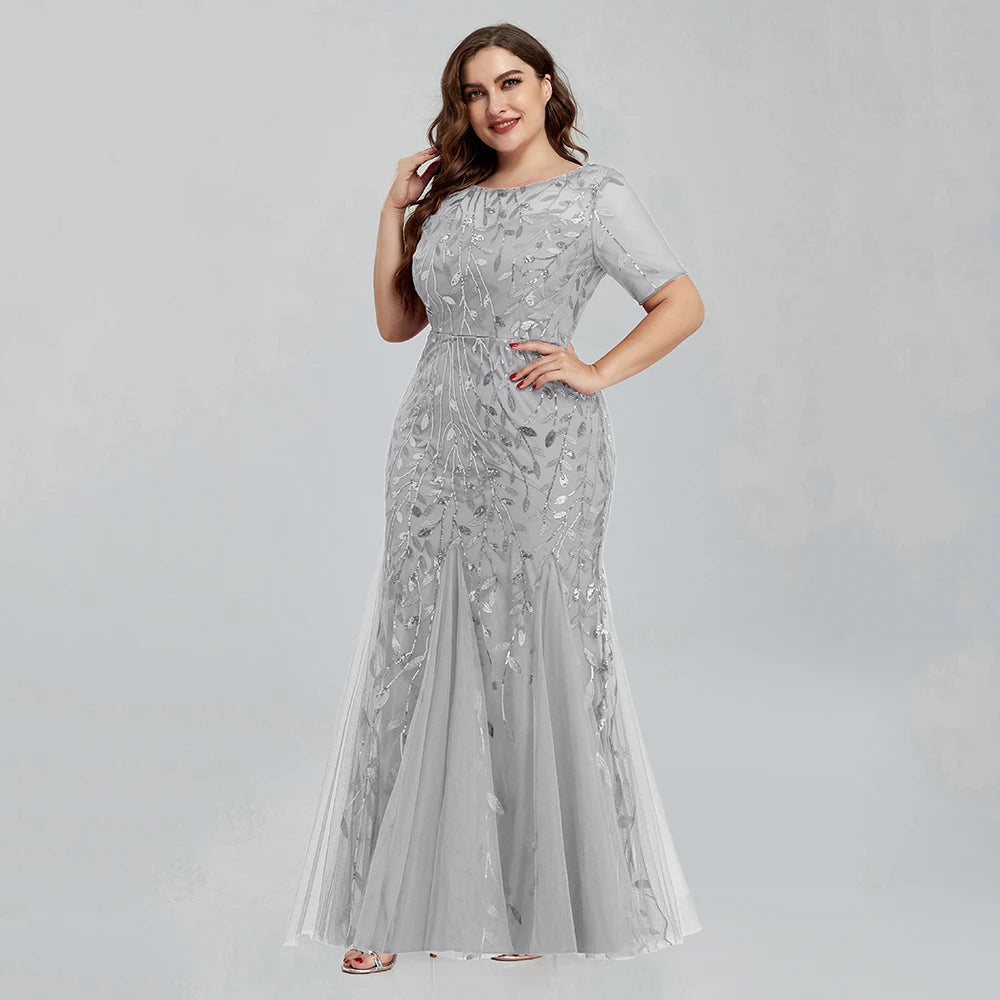 Plus Size Sequin Mesh Embroidery Mermaid Evening Dress - Short Sleeve - JStorehub 