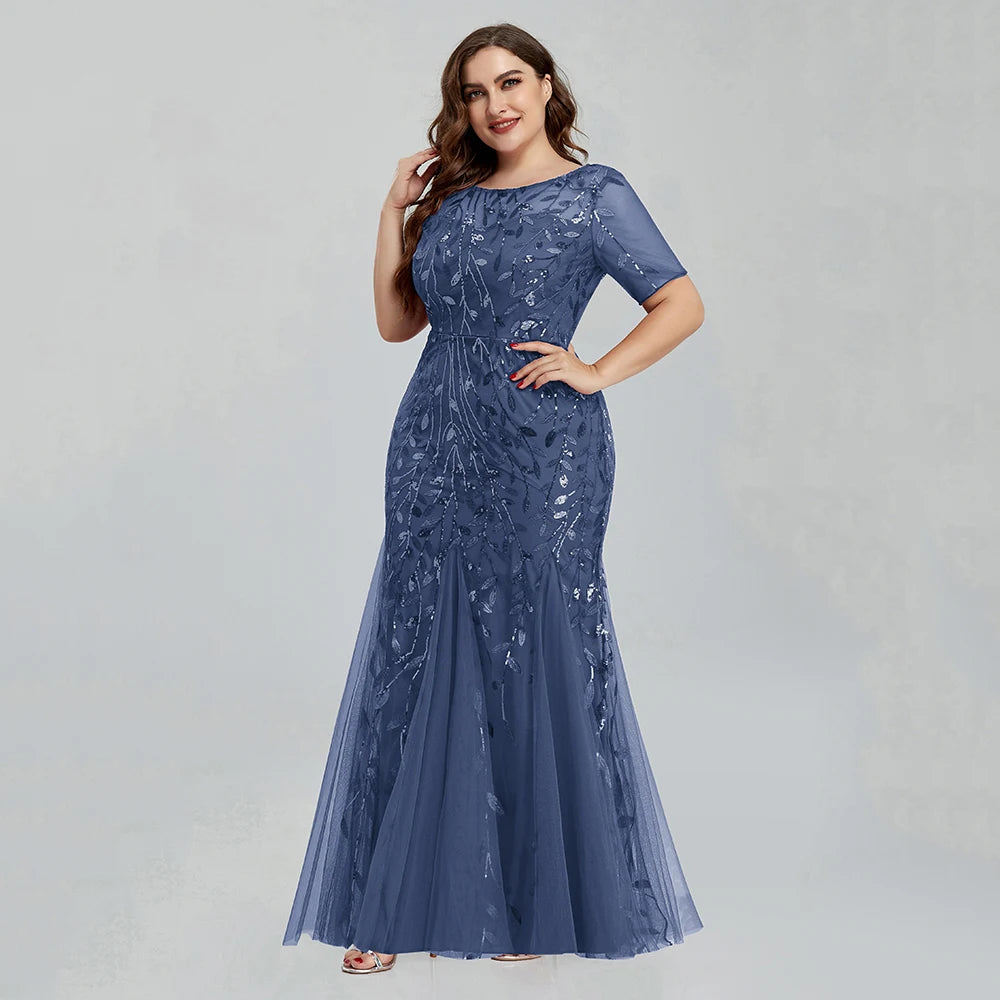 Plus Size Sequin Mesh Embroidery Mermaid Evening Dress - Short Sleeve - JStorehub 