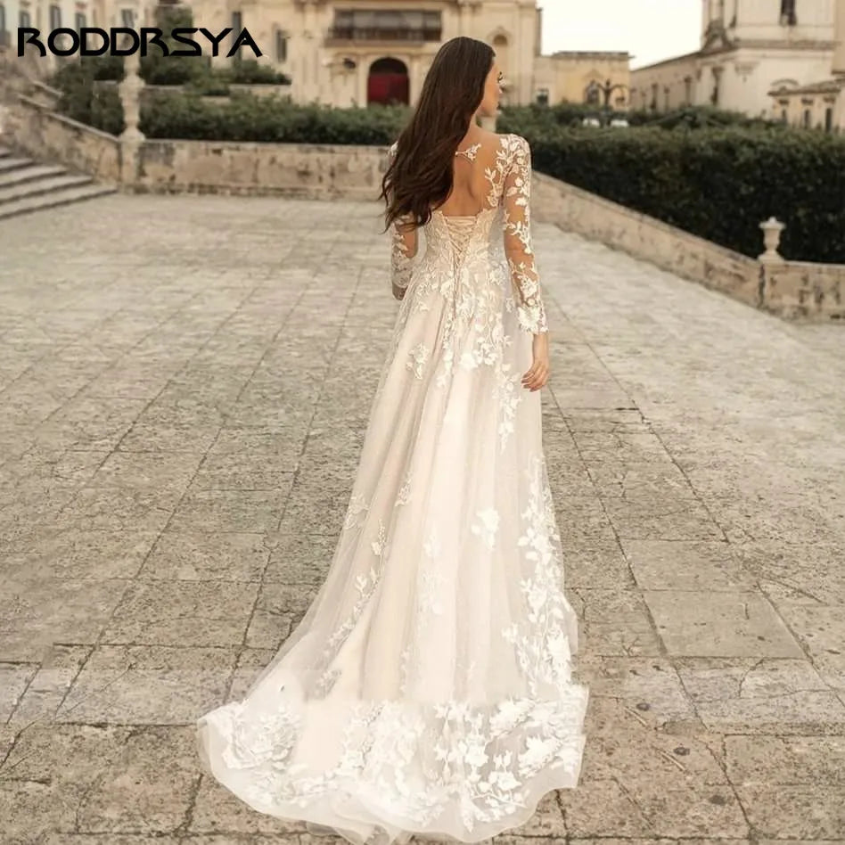 Elegant O-Neck Wedding Dress - Lace-Up A-Line Applique Tulle Long Sleeve Gown - JStorehub 
