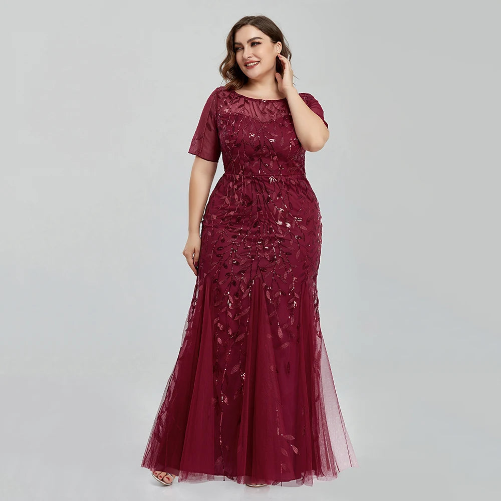 Plus Size Sequin Mesh Embroidery Mermaid Evening Dress - Short Sleeve - JStorehub 