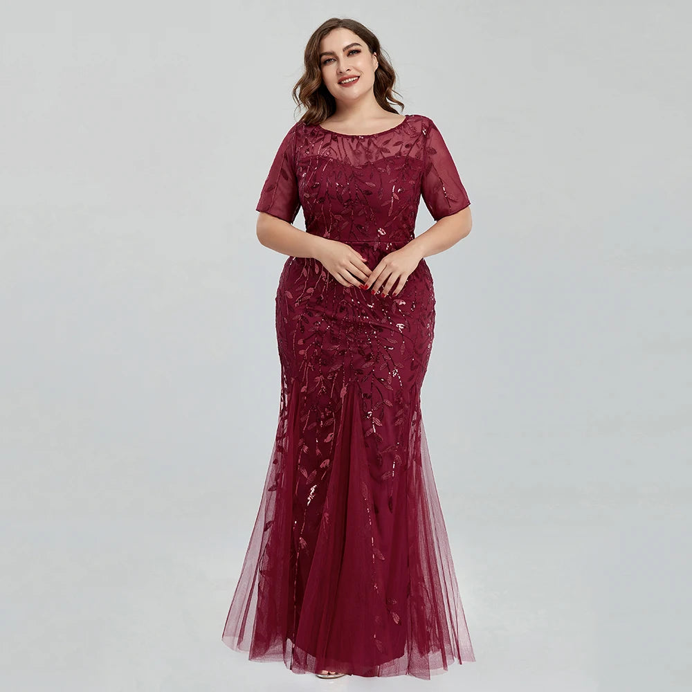 Plus Size Sequin Mesh Embroidery Mermaid Evening Dress - Short Sleeve - JStorehub 