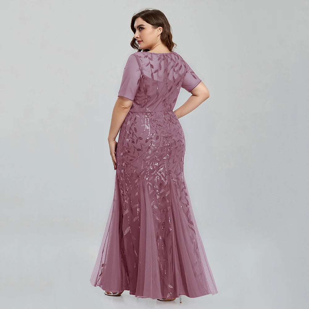 Plus Size Sequin Mesh Embroidery Mermaid Evening Dress - Short Sleeve - JStorehub 
