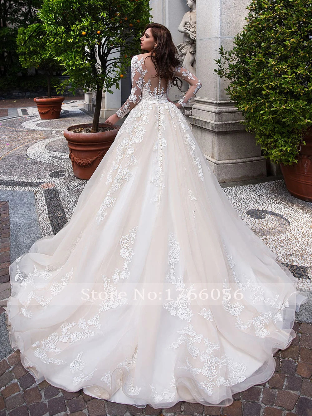 Customized Elegant Illusion Long Sleeve Wedding Dress - Luxury A-Line Bridal Gown - JStorehub 