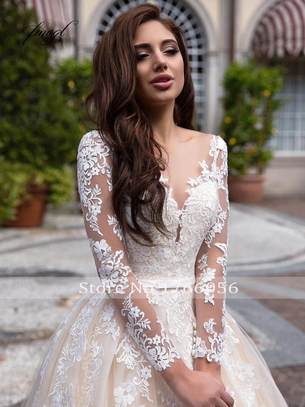 Customized Elegant Illusion Long Sleeve Wedding Dress - Luxury A-Line Bridal Gown - JStorehub 
