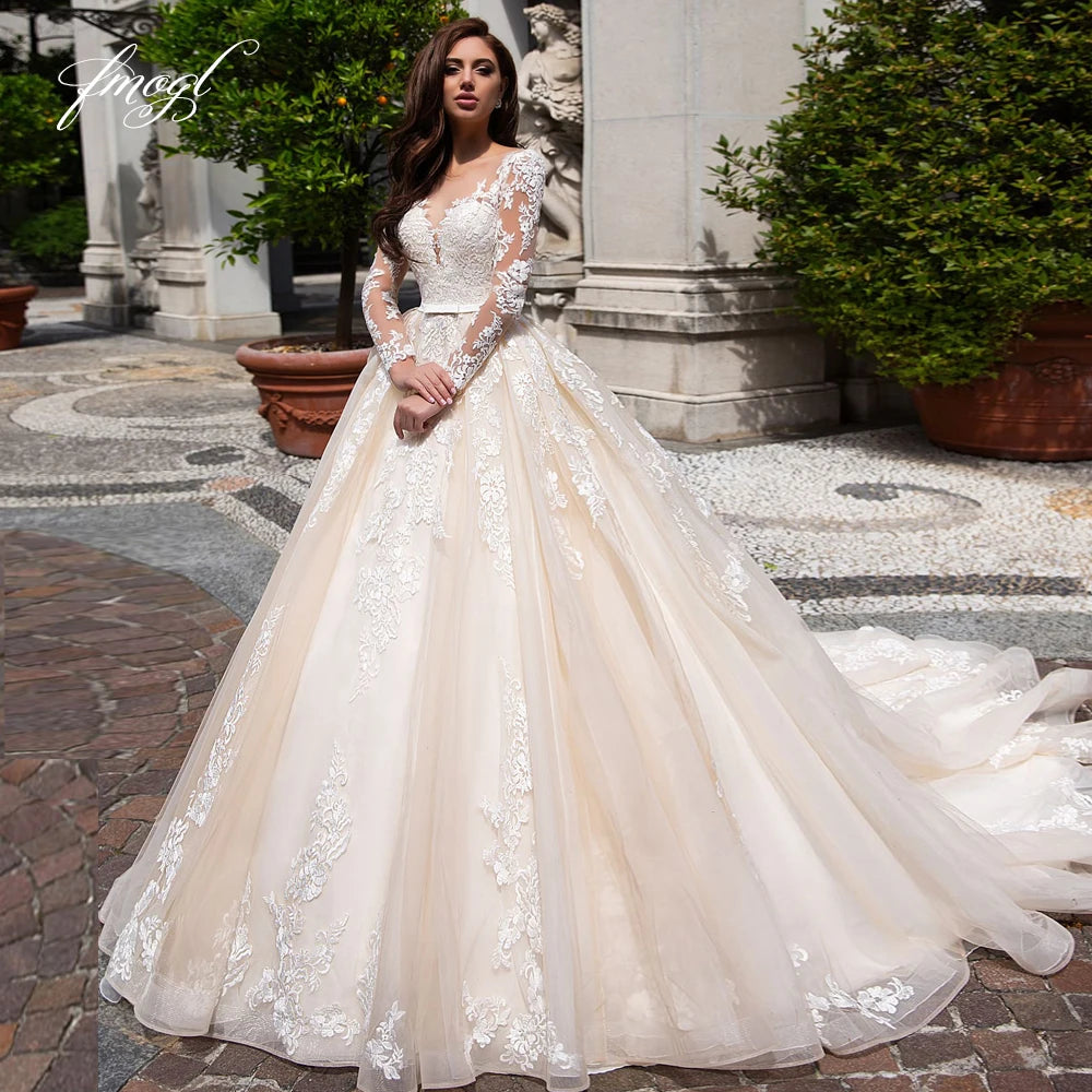 Customized Elegant Illusion Long Sleeve Wedding Dress - Luxury A-Line Bridal Gown - JStorehub 