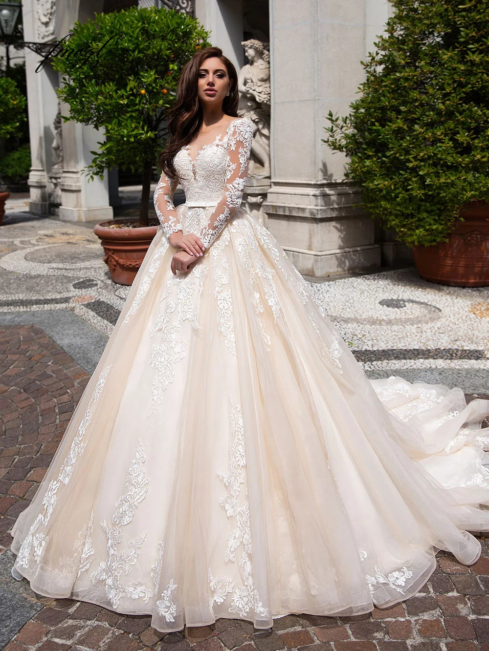 Customized Elegant Illusion Long Sleeve Wedding Dress - Luxury A-Line Bridal Gown - JStorehub 