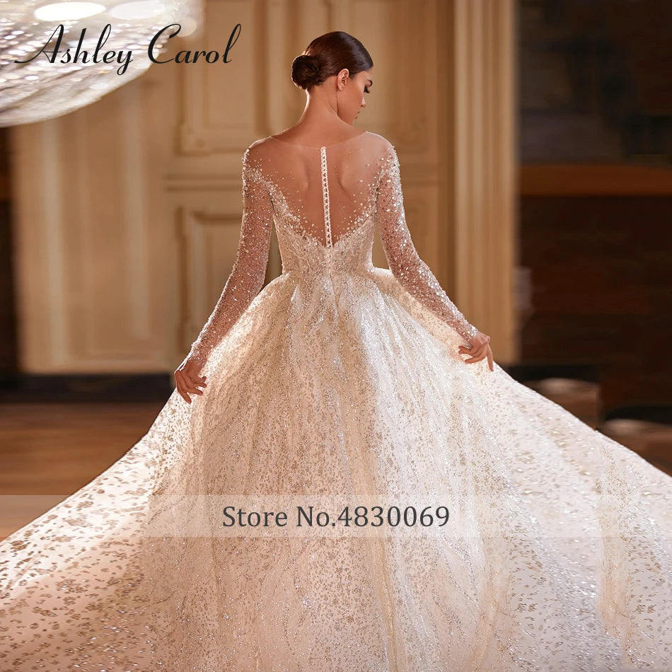Luxury Long Sleeve Princess Wedding Dress - Sparkling Beaded Bridal Gown - JStorehub 