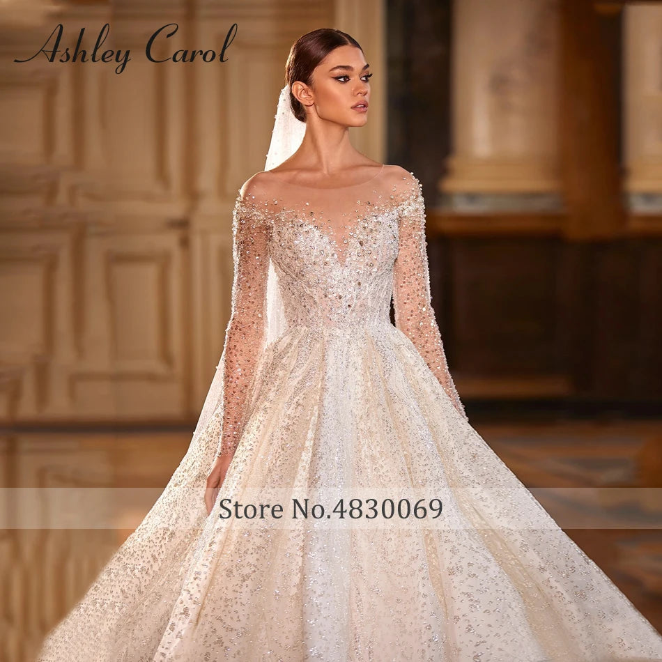 Luxury Long Sleeve Princess Wedding Dress - Sparkling Beaded Bridal Gown - JStorehub 