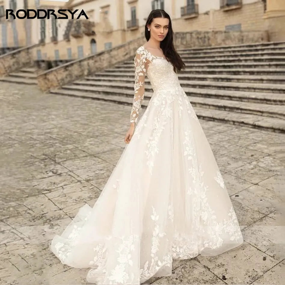 Elegant O-Neck Wedding Dress - Lace-Up A-Line Applique Tulle Long Sleeve Gown - JStorehub 