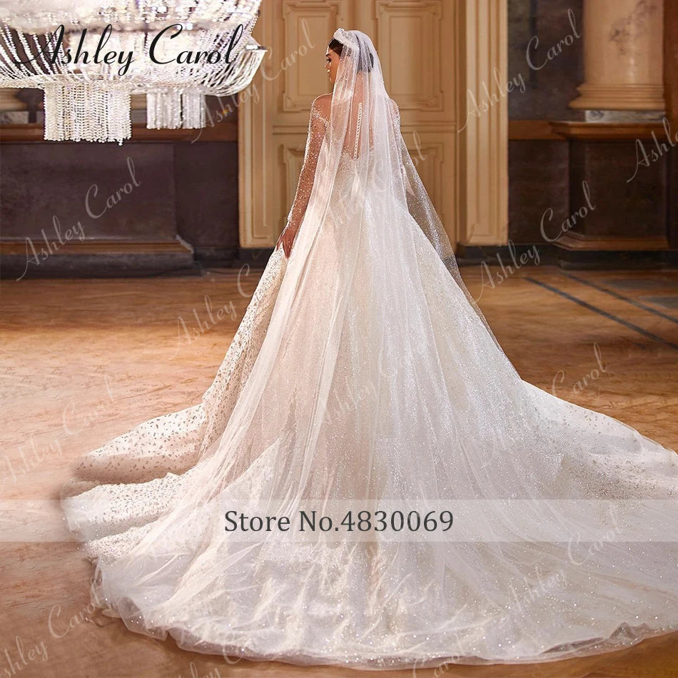 Luxury Long Sleeve Princess Wedding Dress - Sparkling Beaded Bridal Gown - JStorehub 