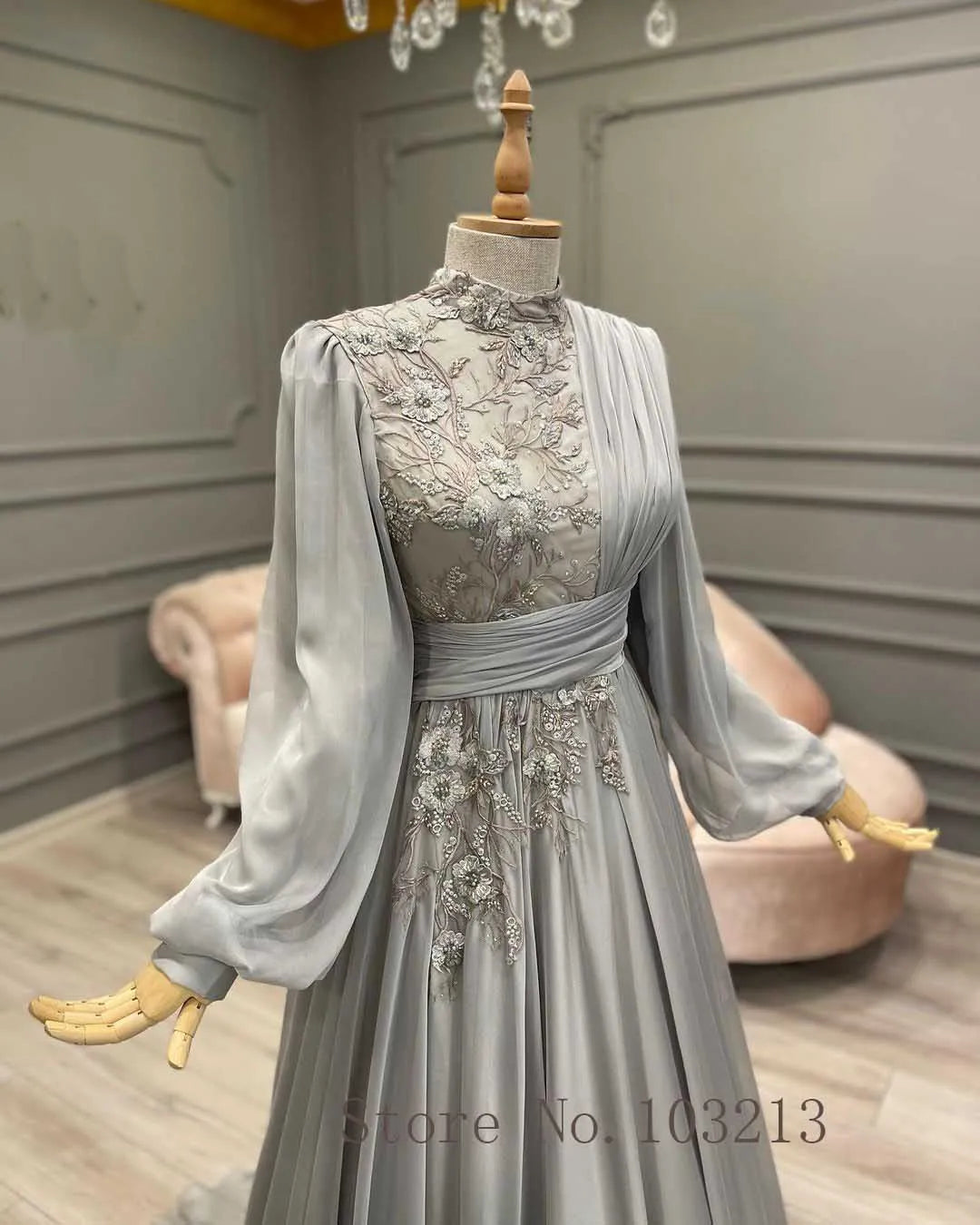 Arabic Muslim Long Sleeve Lace Chiffon Evening Gown - Saudi Formal Dress - JStorehub 
