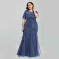 Plus Size Sequin Mesh Embroidery Mermaid Evening Dress - Short Sleeve