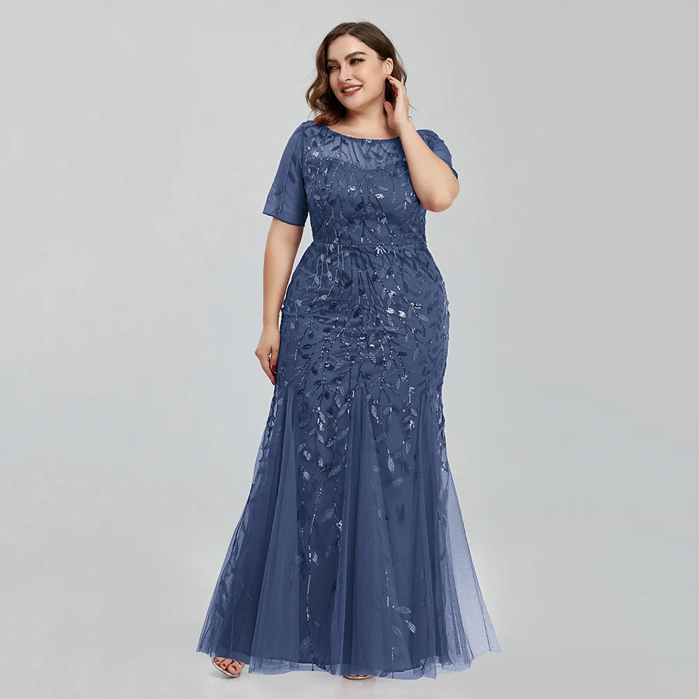 Plus Size Sequin Mesh Embroidery Mermaid Evening Dress - Short Sleeve