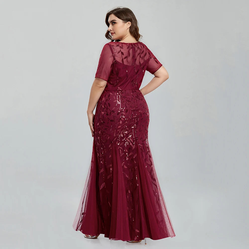 Plus Size Sequin Mesh Embroidery Mermaid Evening Dress - Short Sleeve - JStorehub 