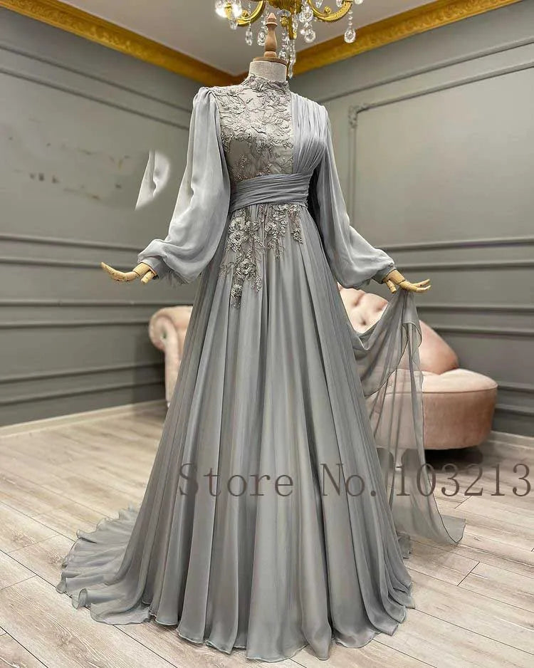 Arabic Muslim Long Sleeve Lace Chiffon Evening Gown - Saudi Formal Dress - JStorehub 